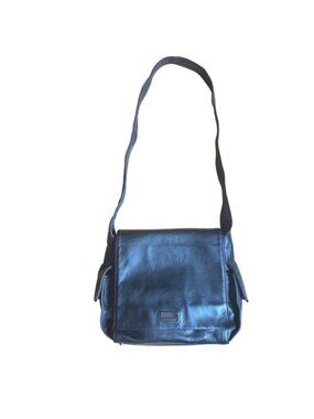 Perlina Black Leather Messenger Crossbody Bag Flap Multi Pocket Silver Hardware